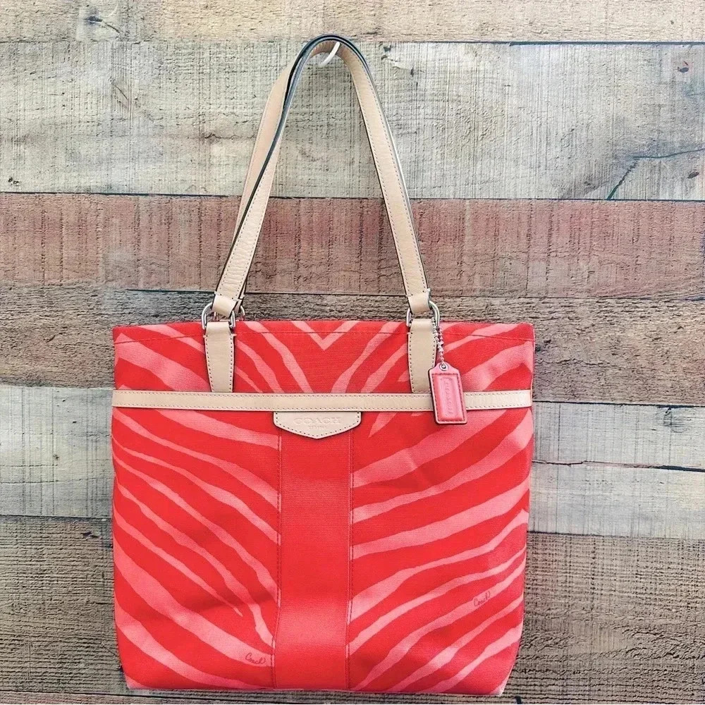 Coach Striped Zebra Print Tote Purse In Hot Coral